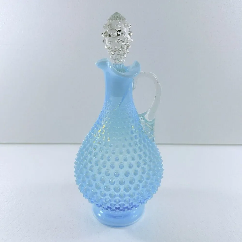 Vintage Fenton Glass Blue Opalescent Hobnail Wine Decanter Pitcher W/ Stopper
